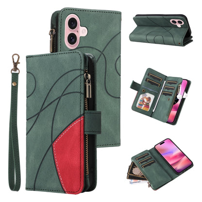 For iPhone 16 Dual-color 9 Card Slots Zipper Wallet Leather Phone Case(Green) - iPhone 16 Cases by PMC Jewellery | Online Shopping South Africa | PMC Jewellery | Buy Now Pay Later Mobicred