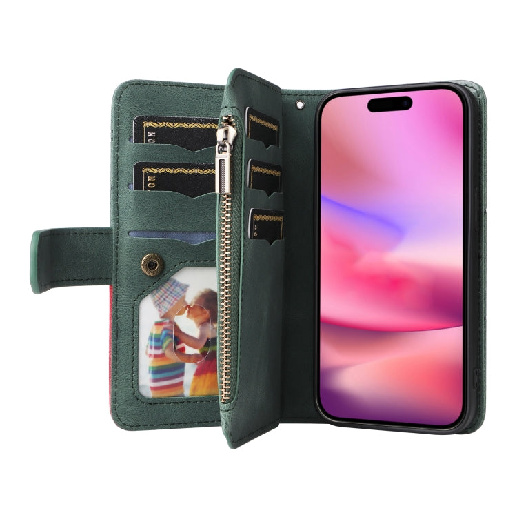 For iPhone 16 Dual-color 9 Card Slots Zipper Wallet Leather Phone Case(Green) - iPhone 16 Cases by PMC Jewellery | Online Shopping South Africa | PMC Jewellery | Buy Now Pay Later Mobicred