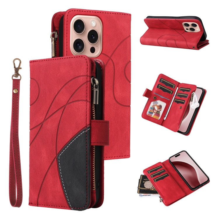 For iPhone 16 Pro Dual-color 9 Card Slots Zipper Wallet Leather Phone Case(Red) - iPhone 16 Pro Cases by PMC Jewellery | Online Shopping South Africa | PMC Jewellery | Buy Now Pay Later Mobicred