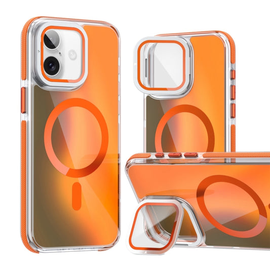 For iPhone 16 MagSafe Gradient Color Lens Film Phone Case with Lens Fold Holder(Orange) - iPhone 16 Cases by PMC Jewellery | Online Shopping South Africa | PMC Jewellery | Buy Now Pay Later Mobicred