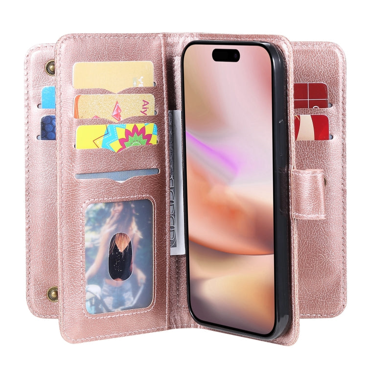 For iPhone 16 Plus Multi-Function Wallet 10 Card Slots Leather Phone Case(Rose Gold) - iPhone 16 Plus Cases by PMC TechLife | Online Shopping South Africa | PMC TechLife | Buy Now Pay Later Mobicred