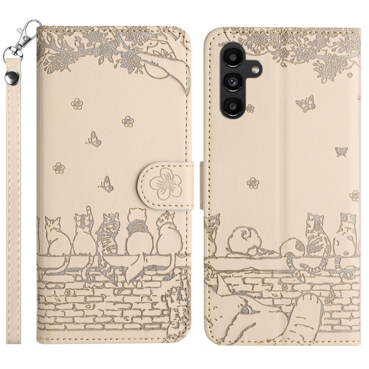 For Samsung Galaxy S25+ 5G Cat Embossing Pattern Leather Phone Case with Lanyard(Beige) - Galaxy S25+ 5G Cases by PMC Jewellery | Online Shopping South Africa | PMC Jewellery | Buy Now Pay Later Mobicred