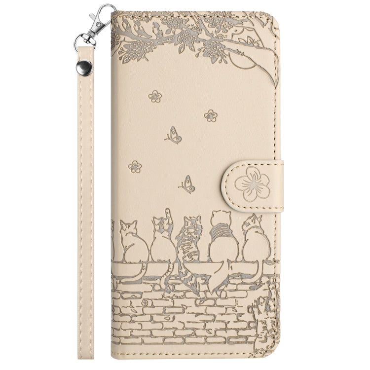 For Samsung Galaxy S25+ 5G Cat Embossing Pattern Leather Phone Case with Lanyard(Beige) - Galaxy S25+ 5G Cases by PMC Jewellery | Online Shopping South Africa | PMC Jewellery | Buy Now Pay Later Mobicred