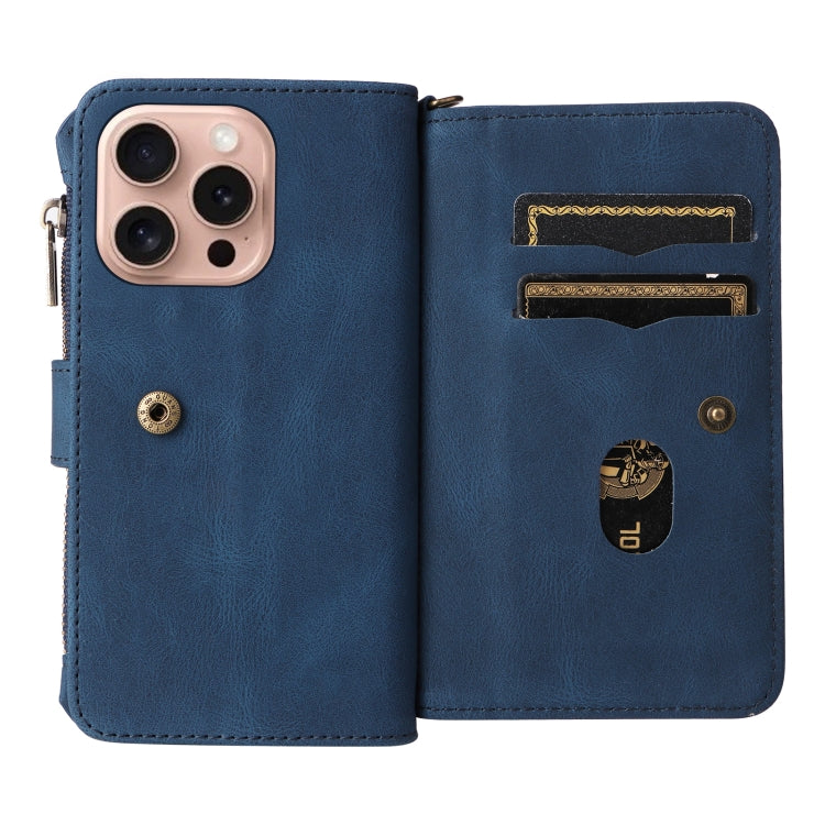 For iPhone 16 Pro Skin Feel Multi Card Slots Zipper Wallet Leather Phone Case(Blue) - iPhone 16 Pro Cases by PMC Jewellery | Online Shopping South Africa | PMC Jewellery | Buy Now Pay Later Mobicred