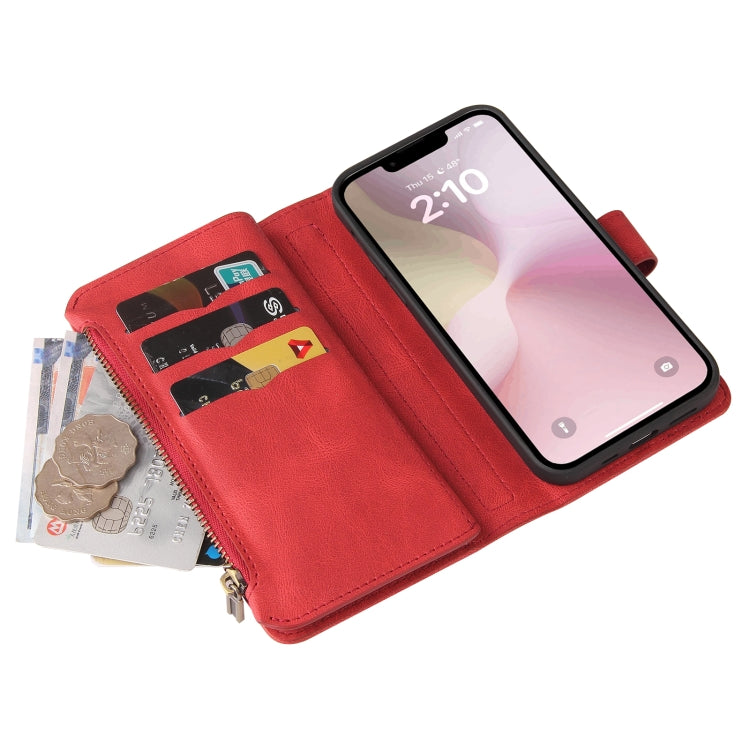 For iPhone 16e Skin Feel Multi Card Slots Zipper Wallet Leather Phone Case(Red) - iPhone 16e Cases by PMC TechLife | Online Shopping South Africa | PMC TechLife | Buy Now Pay Later Mobicred