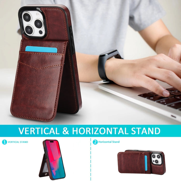 For iPhone 16 Pro Solid Color Card Slots Bracket PU Phone Case(Brown) - iPhone 16 Pro Cases by PMC TechLife | Online Shopping South Africa | PMC TechLife | Buy Now Pay Later Mobicred