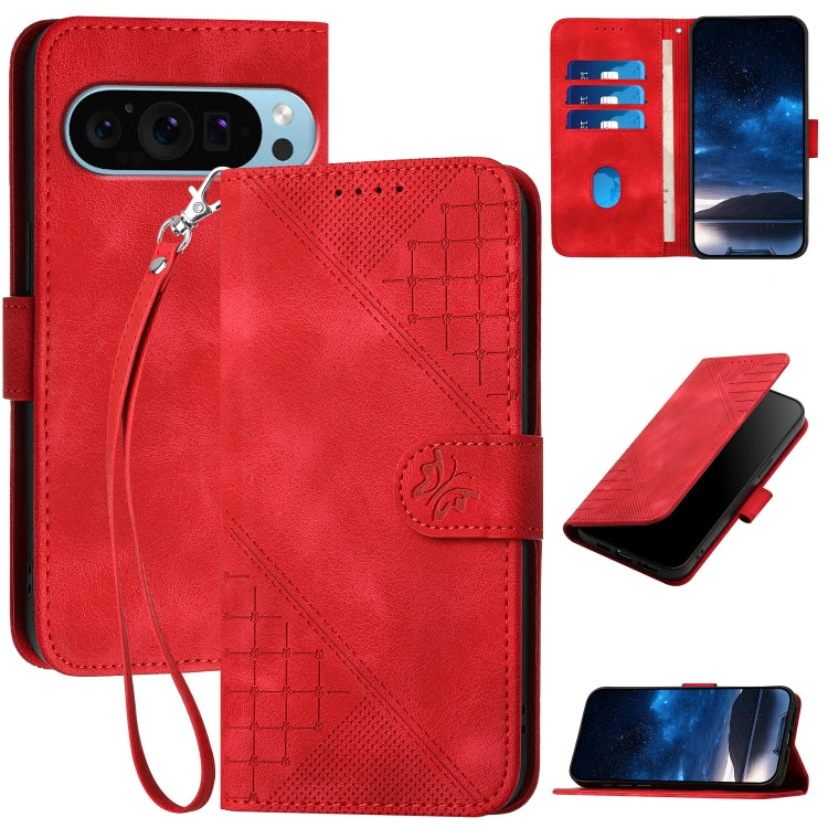 For Google Pixel 9 / 9 Pro YX0080 Grid Butterfly Embossed Pattern Flip Leather Phone Case with Lanyard(Red) - Google Cases by PMC Jewellery | Online Shopping South Africa | PMC Jewellery | Buy Now Pay Later Mobicred