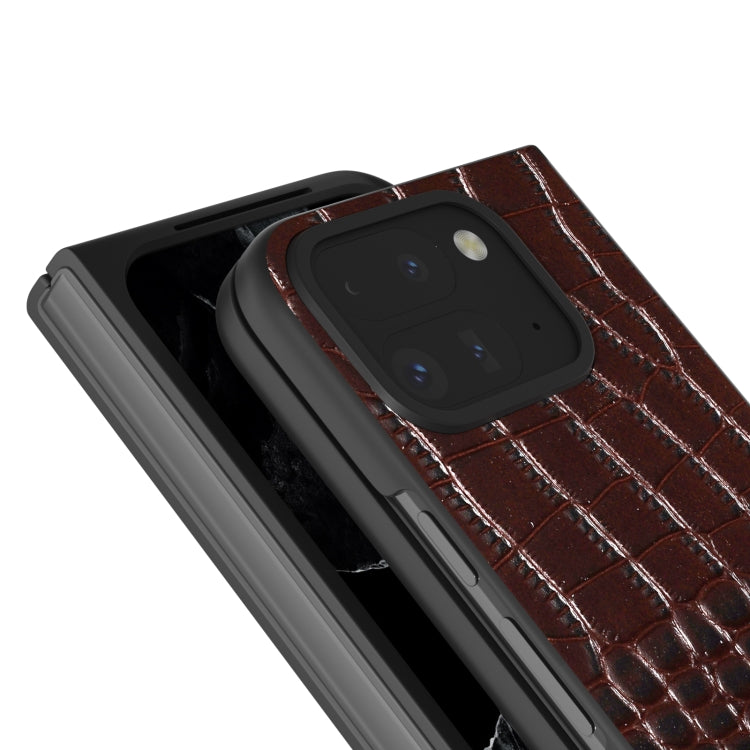 For Google Pixel 9 Pro Fold ABEEL Genuine Leather Crocodile Pattern Black Edge Phone Case(Coffee) - Google Cases by PMC Jewellery | Online Shopping South Africa | PMC Jewellery | Buy Now Pay Later Mobicred