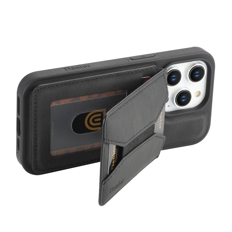 For iPhone 16 Pro Max Denior D18 Skin Feel Rotating Holder MagSafe Detachable Card Slot Phone Case(Black) - iPhone 16 Pro Max Cases by Denior | Online Shopping South Africa | PMC Jewellery | Buy Now Pay Later Mobicred