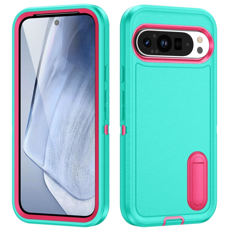 For Google Pixel 9 Rugged PC + Silicone Phone Case with Holder(Light Green+Rose Red) - Google Cases by PMC Jewellery | Online Shopping South Africa | PMC Jewellery | Buy Now Pay Later Mobicred