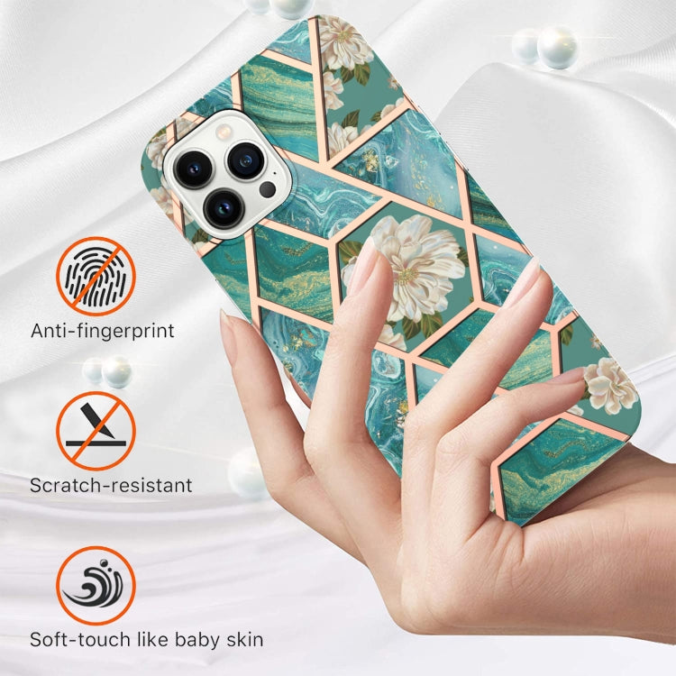 For iPhone 16 Pro Max Splicing Marble Flower IMD TPU Phone Case(Blue Flower) - iPhone 16 Pro Max Cases by PMC TechLife | Online Shopping South Africa | PMC TechLife | Buy Now Pay Later Mobicred