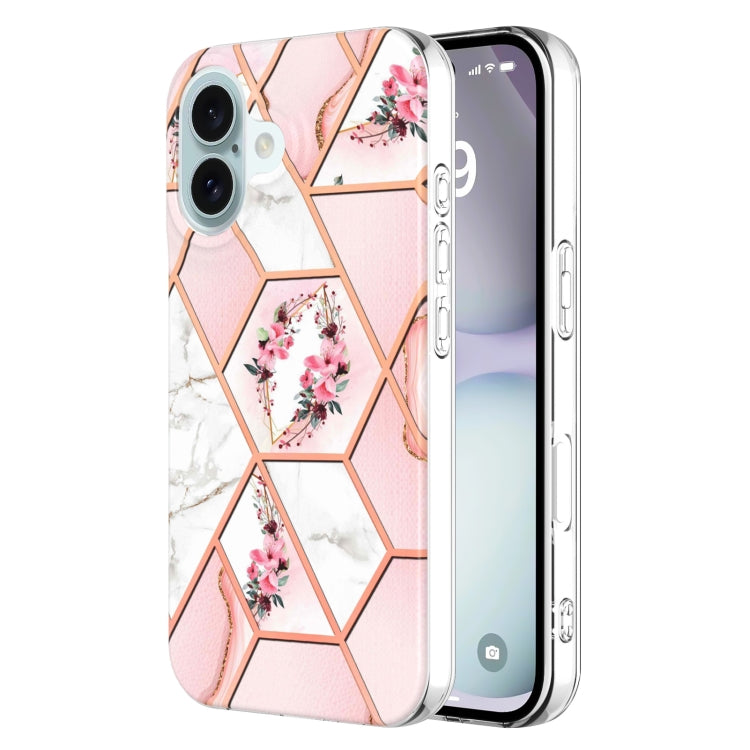 For iPhone 16 Plus Splicing Marble Flower IMD TPU Phone Case(Pink Flower) - iPhone 16 Plus Cases by PMC Jewellery | Online Shopping South Africa | PMC Jewellery | Buy Now Pay Later Mobicred