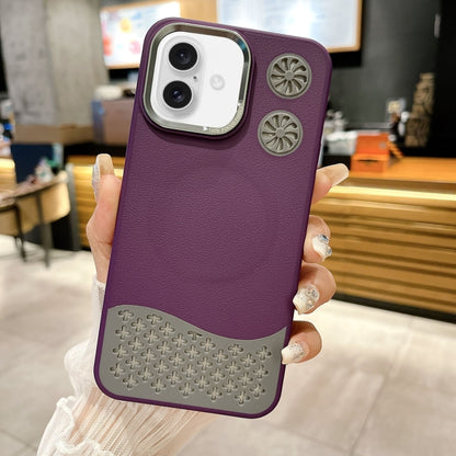 For iPhone 16 Leather Textured Fan Hollow Cooling MagSafe Magnetic Phone Case(Purple) - iPhone 16 Cases by PMC Jewellery | Online Shopping South Africa | PMC Jewellery | Buy Now Pay Later Mobicred