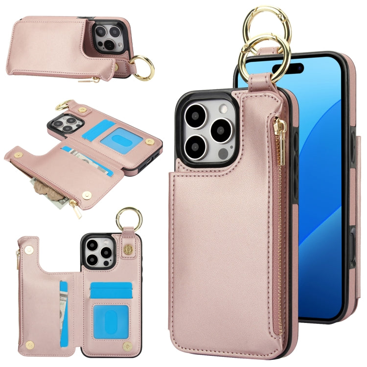 For iPhone 16 Pro RFlD Anti-theft Double Buckle Ring Zipper Card Phone Case(Rose Gold) - iPhone 16 Pro Cases by PMC Jewellery | Online Shopping South Africa | PMC Jewellery | Buy Now Pay Later Mobicred