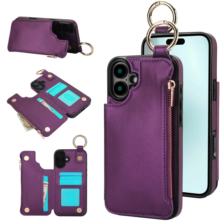 For iPhone 16 Plus RFlD Anti-theft Double Buckle Ring Zipper Card Phone Case(Dark Purple) - iPhone 16 Plus Cases by PMC Jewellery | Online Shopping South Africa | PMC Jewellery | Buy Now Pay Later Mobicred