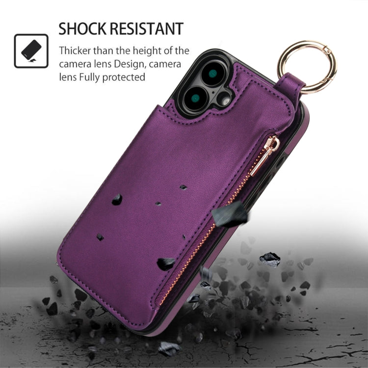 For iPhone 16 Plus RFlD Anti-theft Double Buckle Ring Zipper Card Phone Case(Dark Purple) - iPhone 16 Plus Cases by PMC Jewellery | Online Shopping South Africa | PMC Jewellery | Buy Now Pay Later Mobicred