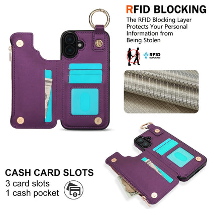 For iPhone 16 Plus RFlD Anti-theft Double Buckle Ring Zipper Card Phone Case(Dark Purple) - iPhone 16 Plus Cases by PMC Jewellery | Online Shopping South Africa | PMC Jewellery | Buy Now Pay Later Mobicred