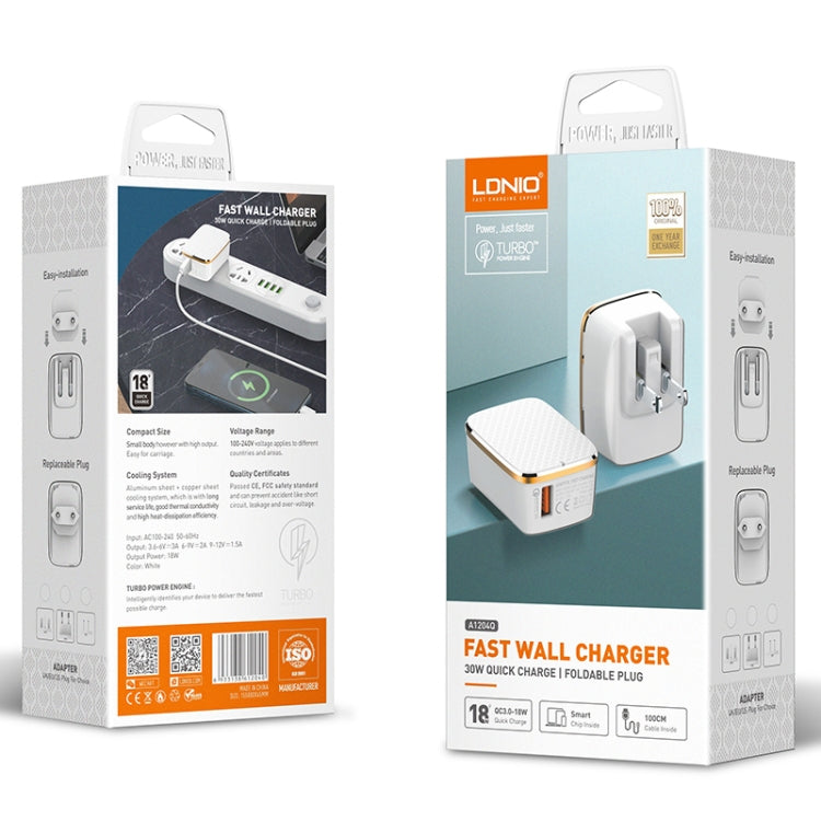 LDNIO A1204Q QC3.0 18W USB Fast Charger with 1m USB to 8 Pin Cable, Plug Type:EU Plug(White Gold) - USB Charger by LDNIO | Online Shopping South Africa | PMC Jewellery | Buy Now Pay Later Mobicred