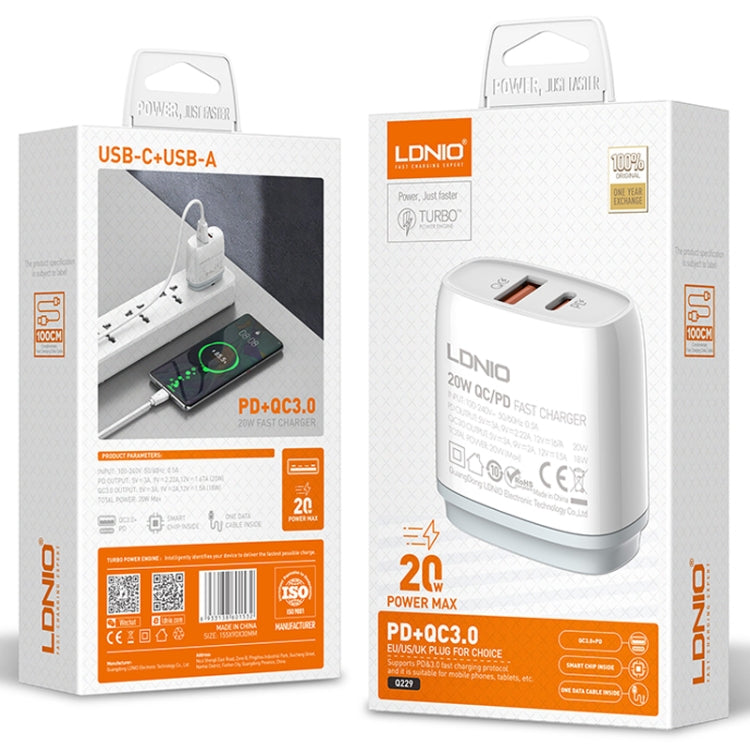 LDNIO Q229 QC3.0 / PD20W USB + Type-C Fast Charger with 1m USB to 8 Pin Cable, Plug Type:EU Plug(White) - USB Charger by LDNIO | Online Shopping South Africa | PMC Jewellery | Buy Now Pay Later Mobicred