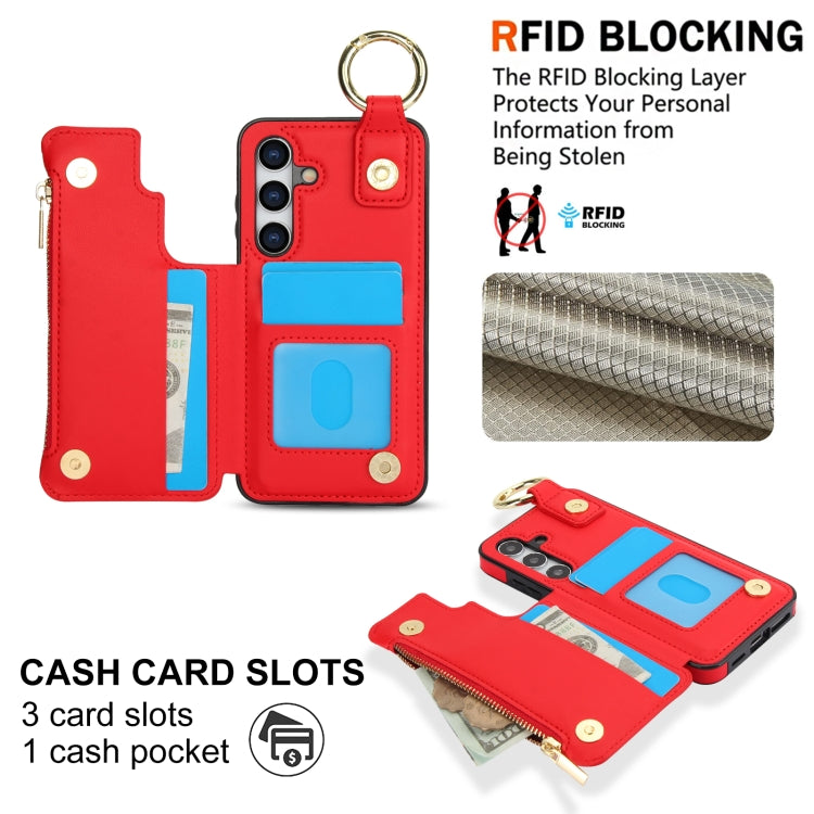 For Samsung Galaxy S24 5G RFlD Anti-theft Double Buckle Ring Zipper Card Phone Case(Red) - Galaxy S24 5G Cases by PMC Jewellery | Online Shopping South Africa | PMC Jewellery | Buy Now Pay Later Mobicred