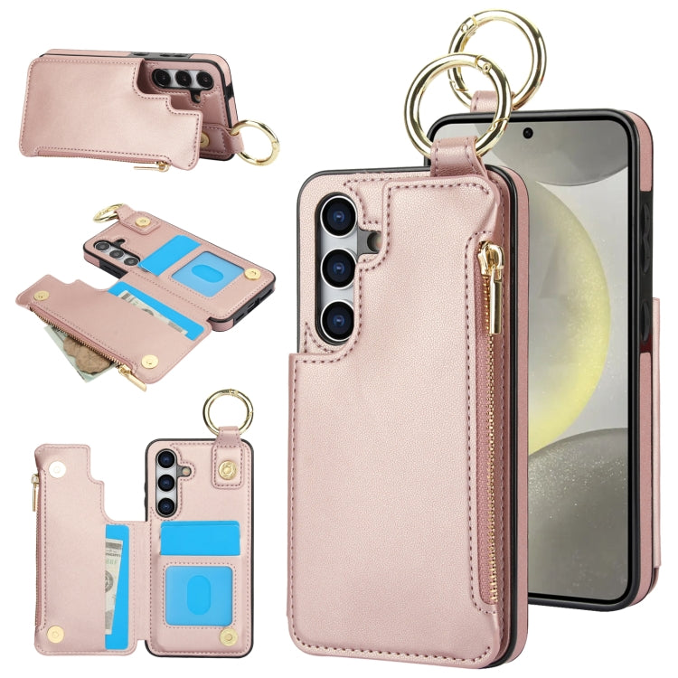 For Samsung Galaxy S24 5G RFlD Anti-theft Double Buckle Ring Zipper Card Phone Case(Rose Gold) - Galaxy S24 5G Cases by PMC Jewellery | Online Shopping South Africa | PMC Jewellery | Buy Now Pay Later Mobicred