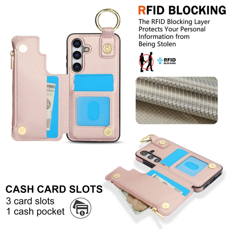 For Samsung Galaxy S24+ 5G RFlD Anti-theft Double Buckle Ring Zipper Card Phone Case(Rose Gold) - Galaxy S24+ 5G Cases by PMC Jewellery | Online Shopping South Africa | PMC Jewellery | Buy Now Pay Later Mobicred