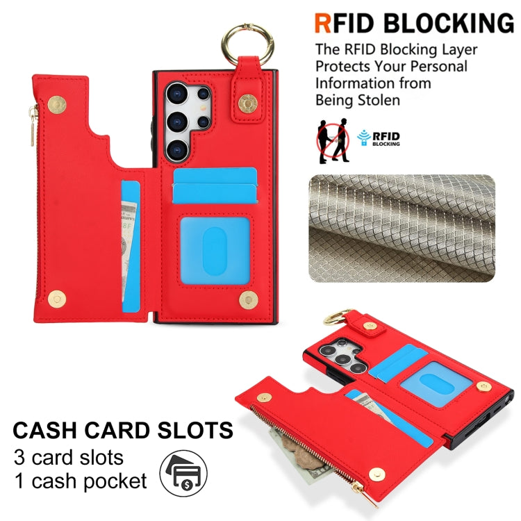 For Samsung Galaxy S24 Ultra 5G RFlD Anti-theft Double Buckle Ring Zipper Card Phone Case(Red) - Galaxy S24 Ultra 5G Cases by PMC Jewellery | Online Shopping South Africa | PMC Jewellery | Buy Now Pay Later Mobicred