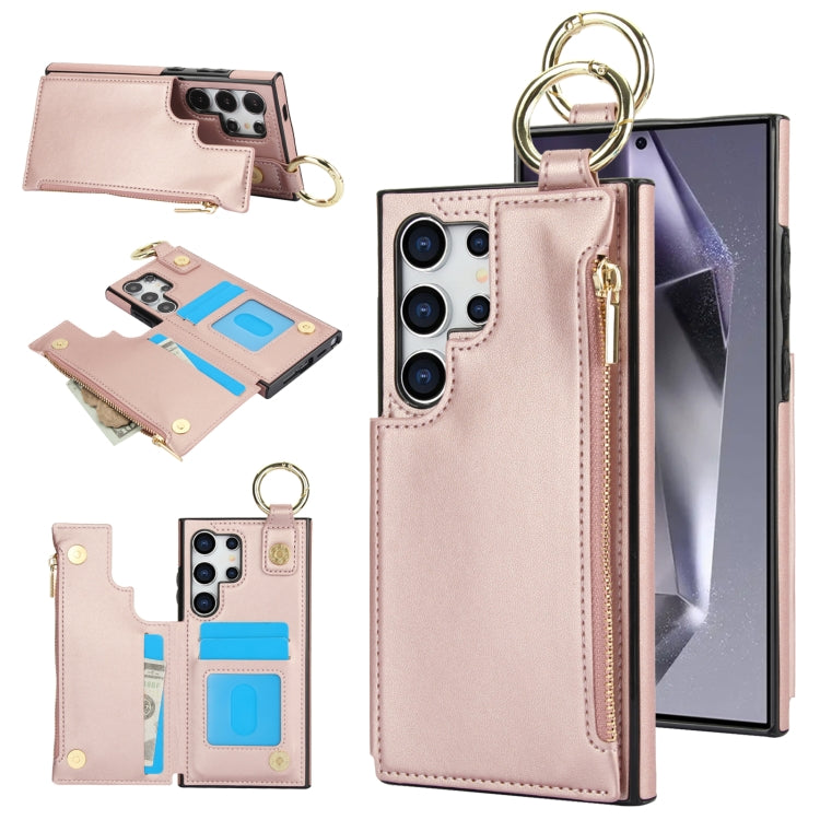 For Samsung Galaxy S24 Ultra 5G RFlD Anti-theft Double Buckle Ring Zipper Card Phone Case(Rose Gold) - Galaxy S24 Ultra 5G Cases by PMC Jewellery | Online Shopping South Africa | PMC Jewellery | Buy Now Pay Later Mobicred