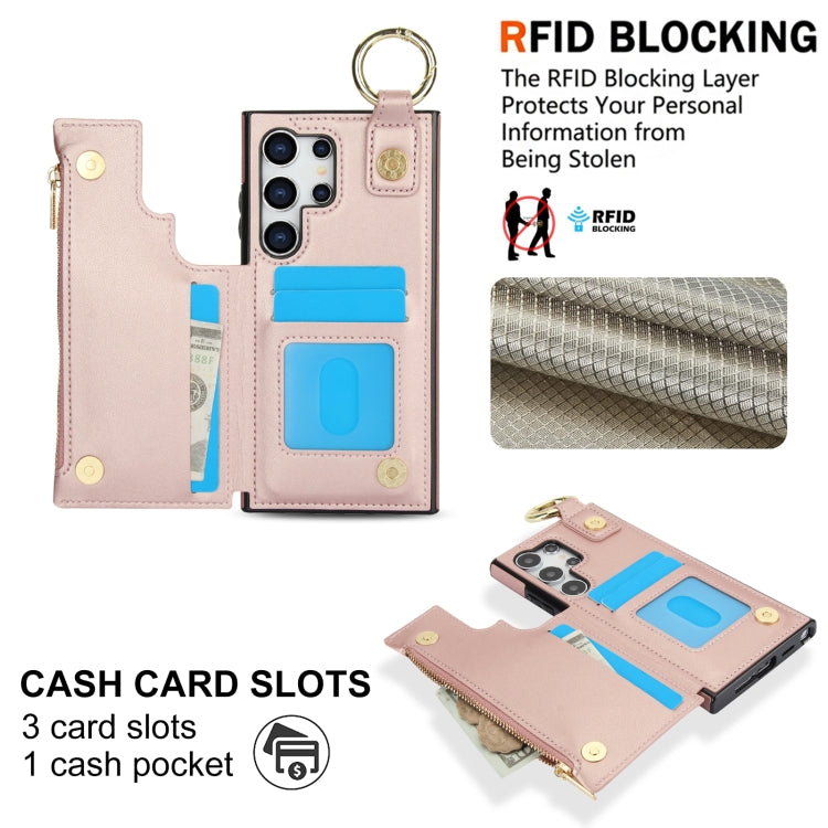 For Samsung Galaxy S24 Ultra 5G RFlD Anti-theft Double Buckle Ring Zipper Card Phone Case(Rose Gold) - Galaxy S24 Ultra 5G Cases by PMC Jewellery | Online Shopping South Africa | PMC Jewellery | Buy Now Pay Later Mobicred