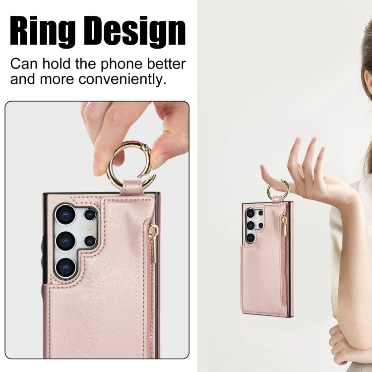 For Samsung Galaxy S24 Ultra 5G RFlD Anti-theft Double Buckle Ring Zipper Card Phone Case(Rose Gold) - Galaxy S24 Ultra 5G Cases by PMC Jewellery | Online Shopping South Africa | PMC Jewellery | Buy Now Pay Later Mobicred