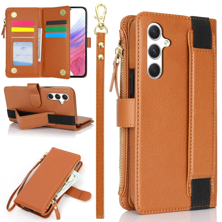 For Samsung Galaxy S24 5G Wristband Holder Zipper Purse RFID Leather Phone Case(Brown) - Galaxy S24 5G Cases by PMC Jewellery | Online Shopping South Africa | PMC Jewellery | Buy Now Pay Later Mobicred