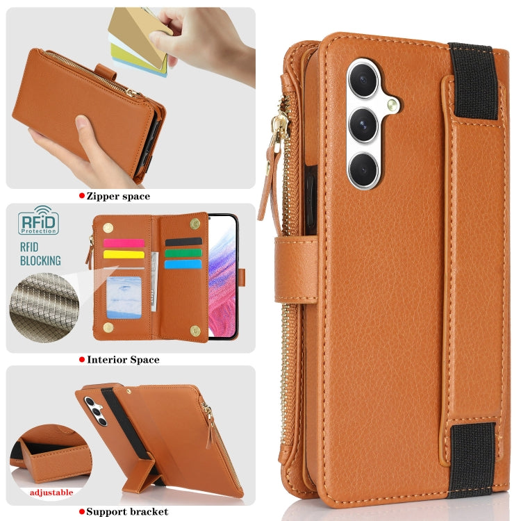 For Samsung Galaxy S24 5G Wristband Holder Zipper Purse RFID Leather Phone Case(Brown) - Galaxy S24 5G Cases by PMC Jewellery | Online Shopping South Africa | PMC Jewellery | Buy Now Pay Later Mobicred