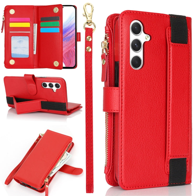 For Samsung Galaxy S24+ 5G Wristband Holder Zipper Purse RFID Leather Phone Case(Red) - Galaxy S24+ 5G Cases by PMC Jewellery | Online Shopping South Africa | PMC Jewellery | Buy Now Pay Later Mobicred