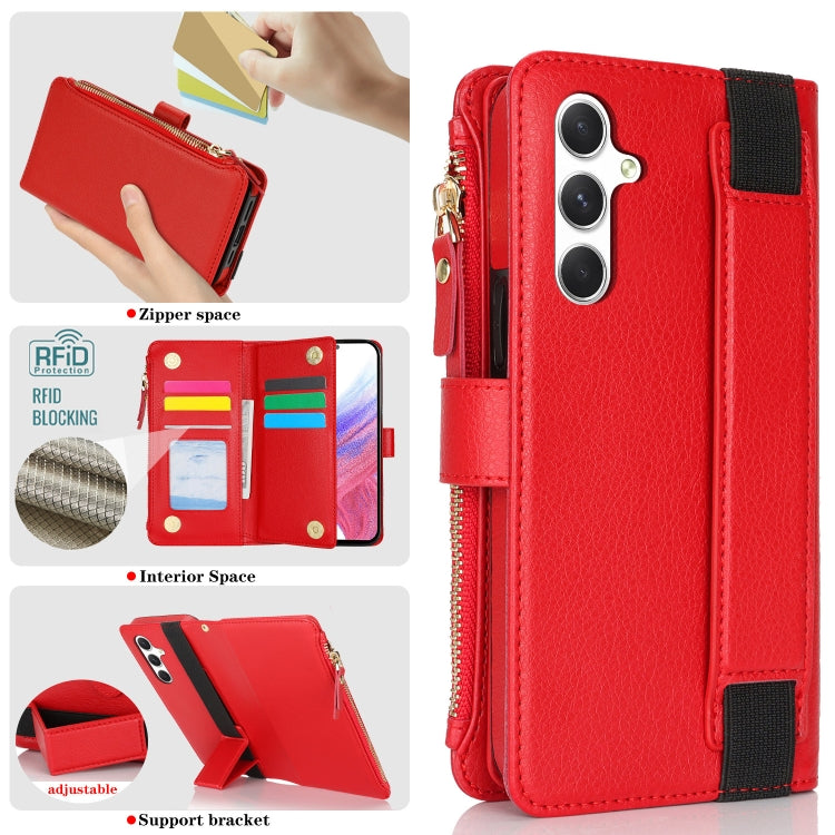 For Samsung Galaxy S24+ 5G Wristband Holder Zipper Purse RFID Leather Phone Case(Red) - Galaxy S24+ 5G Cases by PMC Jewellery | Online Shopping South Africa | PMC Jewellery | Buy Now Pay Later Mobicred