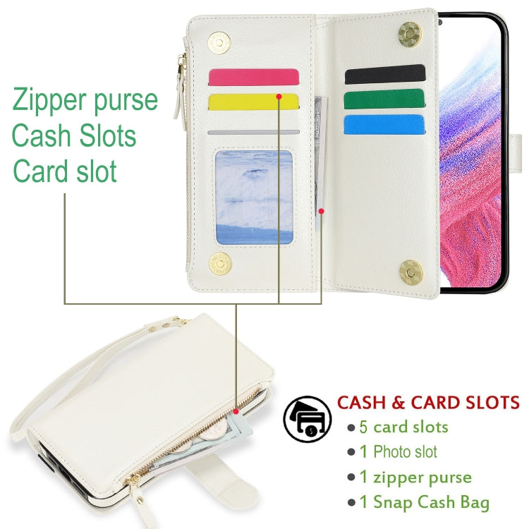 For Samsung Galaxy S24+ 5G Wristband Holder Zipper Purse RFID Leather Phone Case(White) - Galaxy S24+ 5G Cases by PMC Jewellery | Online Shopping South Africa | PMC Jewellery | Buy Now Pay Later Mobicred