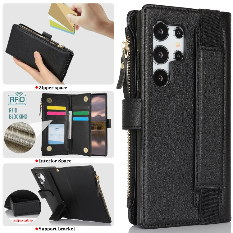 For Samsung Galaxy S24 Ultra 5G Wristband Holder Zipper Purse RFID Leather Phone Case(Black) - Galaxy S24 Ultra 5G Cases by PMC Jewellery | Online Shopping South Africa | PMC Jewellery | Buy Now Pay Later Mobicred