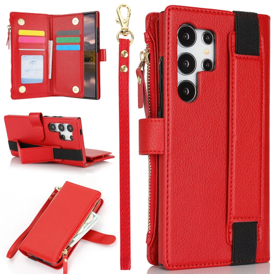 For Samsung Galaxy S24 Ultra 5G Wristband Holder Zipper Purse RFID Leather Phone Case(Red) - Galaxy S24 Ultra 5G Cases by PMC Jewellery | Online Shopping South Africa | PMC Jewellery | Buy Now Pay Later Mobicred