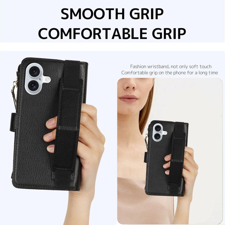 For iPhone 16 Wristband Holder Zipper Purse RFID Leather Phone Case(Black) - iPhone 16 Cases by PMC TechLife | Online Shopping South Africa | PMC TechLife | Buy Now Pay Later Mobicred