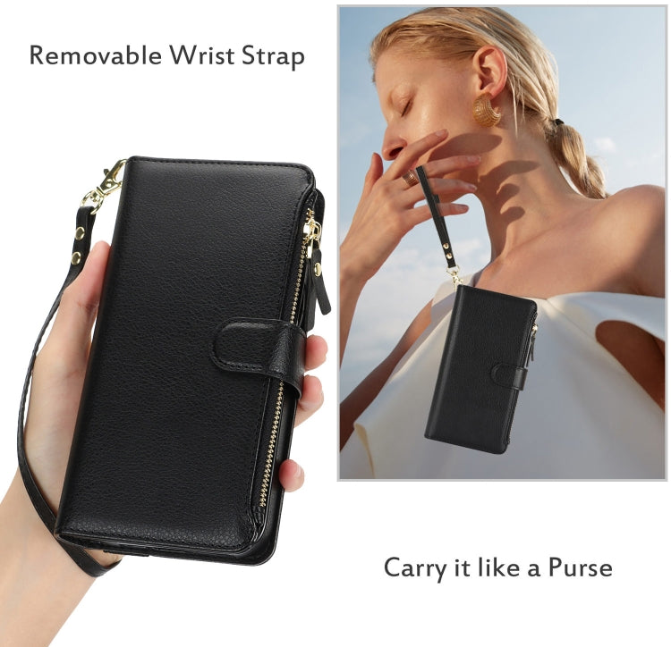 For iPhone 16 Wristband Holder Zipper Purse RFID Leather Phone Case(Black) - iPhone 16 Cases by PMC Jewellery | Online Shopping South Africa | PMC Jewellery | Buy Now Pay Later Mobicred