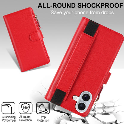 For iPhone 16 Plus Wristband Holder Zipper Purse RFID Leather Phone Case(Red) - iPhone 16 Plus Cases by PMC Jewellery | Online Shopping South Africa | PMC Jewellery | Buy Now Pay Later Mobicred