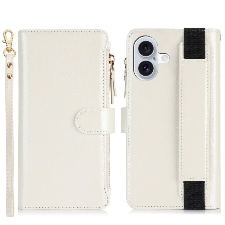 For iPhone 16 Plus Wristband Holder Zipper Purse RFID Leather Phone Case(White) - iPhone 16 Plus Cases by PMC Jewellery | Online Shopping South Africa | PMC Jewellery | Buy Now Pay Later Mobicred