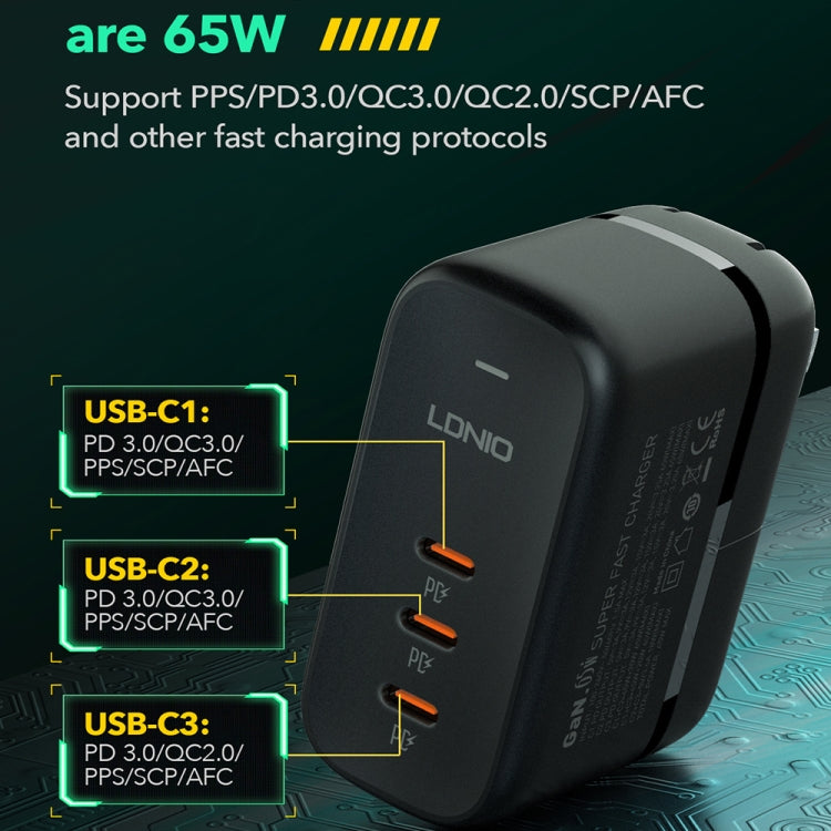 LDNIO Q367 65W GaN 3 x USB-C / Type-C Interface Charger with 1m USB-C / Type-C to USB-C / Type-C Data Cable, Plug Type:US Plug(Black) - USB Charger by LDNIO | Online Shopping South Africa | PMC Jewellery | Buy Now Pay Later Mobicred