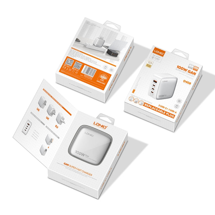 LDNIO Q408 100W GaN USB+3 USB-C / Type-C Interface Charger with 1m 100W USB-C / Type-C to USB-C / Type-C Data Cable, Plug Type:US Plug(White) - free shipping - PMC Jewellery - Order now!