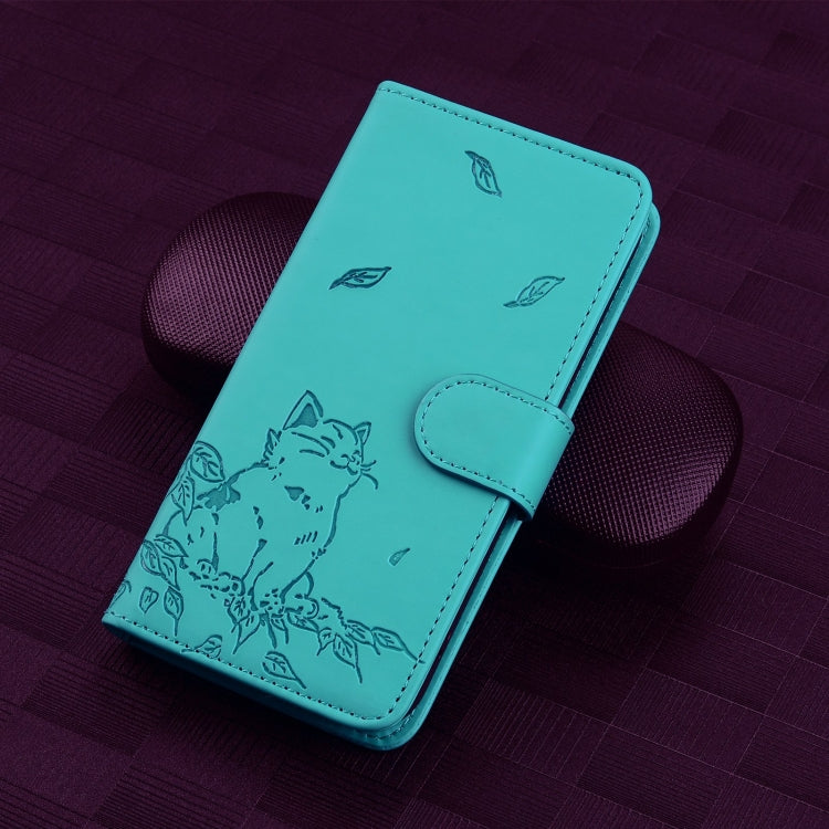 For iPhone 16e Cute Cat Embossed Leather Phone Case(Lake Blue) - iPhone 16e Cases by PMC TechLife | Online Shopping South Africa | PMC TechLife | Buy Now Pay Later Mobicred