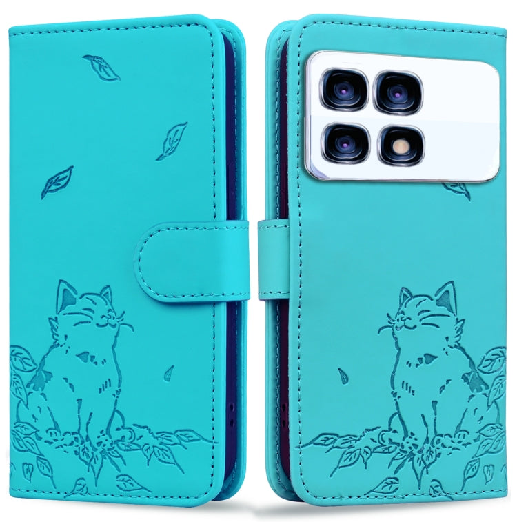 For Redmi K70 Ultra Cute Cat Embossed Leather Phone Case(Lake Blue) - Xiaomi Cases by PMC Jewellery | Online Shopping South Africa | PMC Jewellery | Buy Now Pay Later Mobicred