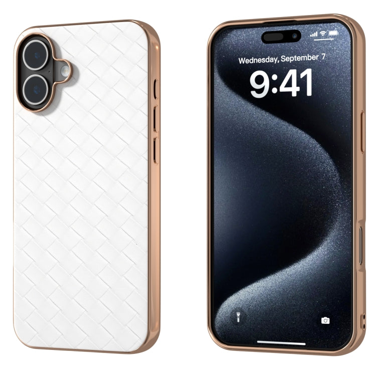 For iPhone 16 Electroplated Frame Woven Texture PU Phone Case(White) - free shipping - PMC Jewellery - Order now!