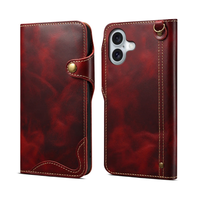 For iPhone 16 Denior B01 Oil Wax Cowhide Magnetic Button Genuine Leather Case(Red) - iPhone 16 Cases by Denior | Online Shopping South Africa | PMC Jewellery | Buy Now Pay Later Mobicred