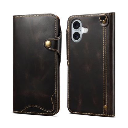 For iPhone 16 Denior B01 Oil Wax Cowhide Magnetic Button Genuine Leather Case(Black) - iPhone 16 Cases by Denior | Online Shopping South Africa | PMC Jewellery | Buy Now Pay Later Mobicred