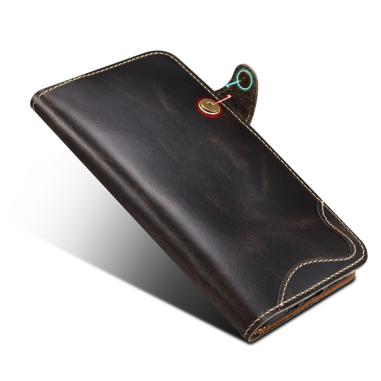 For iPhone 16 Denior B01 Oil Wax Cowhide Magnetic Button Genuine Leather Case(Black) - iPhone 16 Cases by Denior | Online Shopping South Africa | PMC Jewellery | Buy Now Pay Later Mobicred