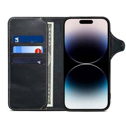 For iPhone 16 Denior B01 Oil Wax Cowhide Magnetic Button Genuine Leather Case(Blue) - iPhone 16 Cases by Denior | Online Shopping South Africa | PMC Jewellery | Buy Now Pay Later Mobicred